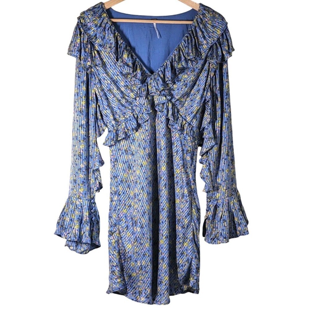 Free People Mini Dress Sz 6 Womens Blue Yellow Floral Ruffle